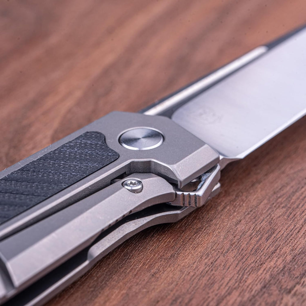 REALSTEEL Knives Rokot Premium Frame Lock Flipper Knife (S35VN Satin Drop Point Blade) Titanium TC-4 Handle with Black G10 Inlays
