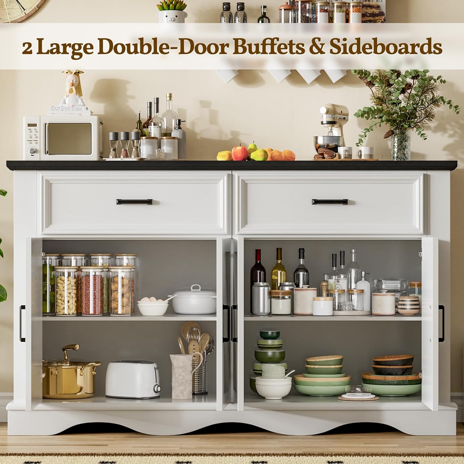 56' Modern Farmhouse Sideboard Buffet Cabinet with 4 Doors and 2 Drawers, Kitchen Storage Cabinet with Adjustable Shelves, Coffee Bar with Charging Station for Living Room, White