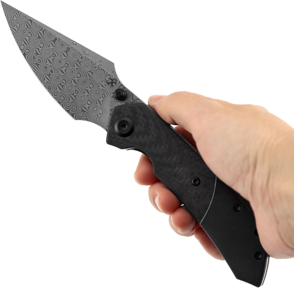 KANSEPT Fenrir Pocket Knife, 3.48' Damascus Blade with Twill Carbon Fiber Handle, Liner Lock and Thumb Stud, Lightweight EDC Tool for Camping, Outdoor Use and Everyday Carry, Gift for Men K1034D1