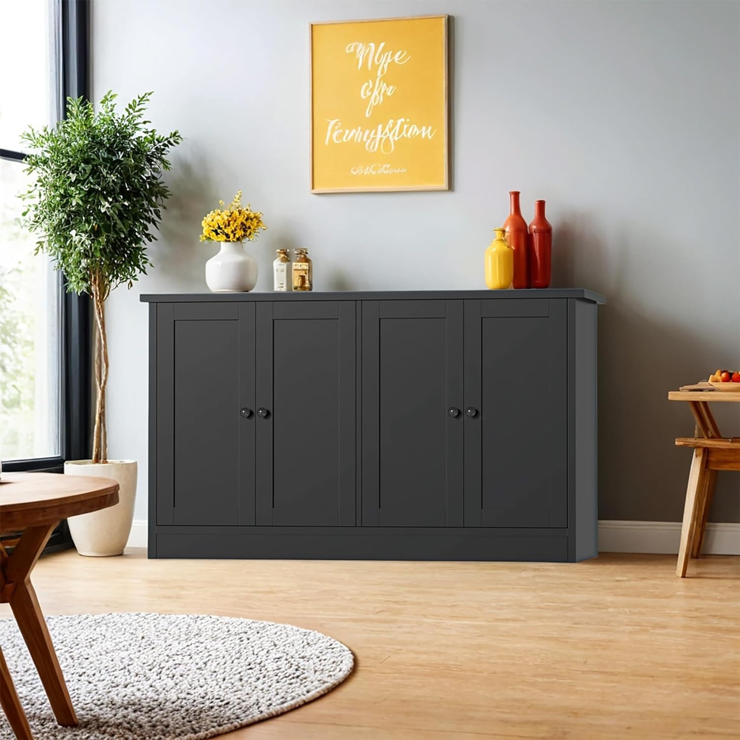 holzart Black Buffet Cabinet with Storage, 49' Modern Kitchen Sideboard with 4 Doors & Adjustable Shelves, Wood Coffee Bar Cabinet Console Table for Dining Room, Living Room, Entryway