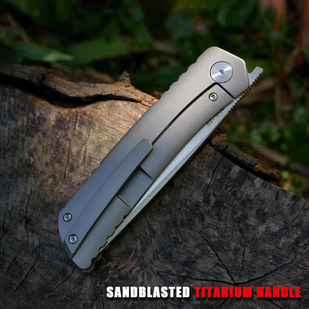 KATSU Folding Knife ZDP-189 Steel 3.5' Blade,Japanese Sandblasted Titanium Handle Pocket Knife with Clip Convex Grind Frame lock, Quick Open EDC Flip Knives for Men Leather Sheath Hiking Camping