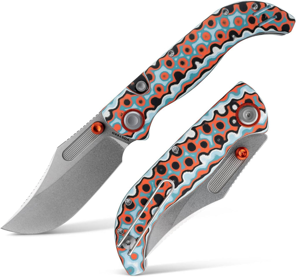 Vosteed Naga EDC Folding Pocket Knife - 3.47' S35VN Stonewash Blade - Top Liner Lock, Coral Orbit Bamboo Micarta Handle - Camping, Hiking Knives - A3907