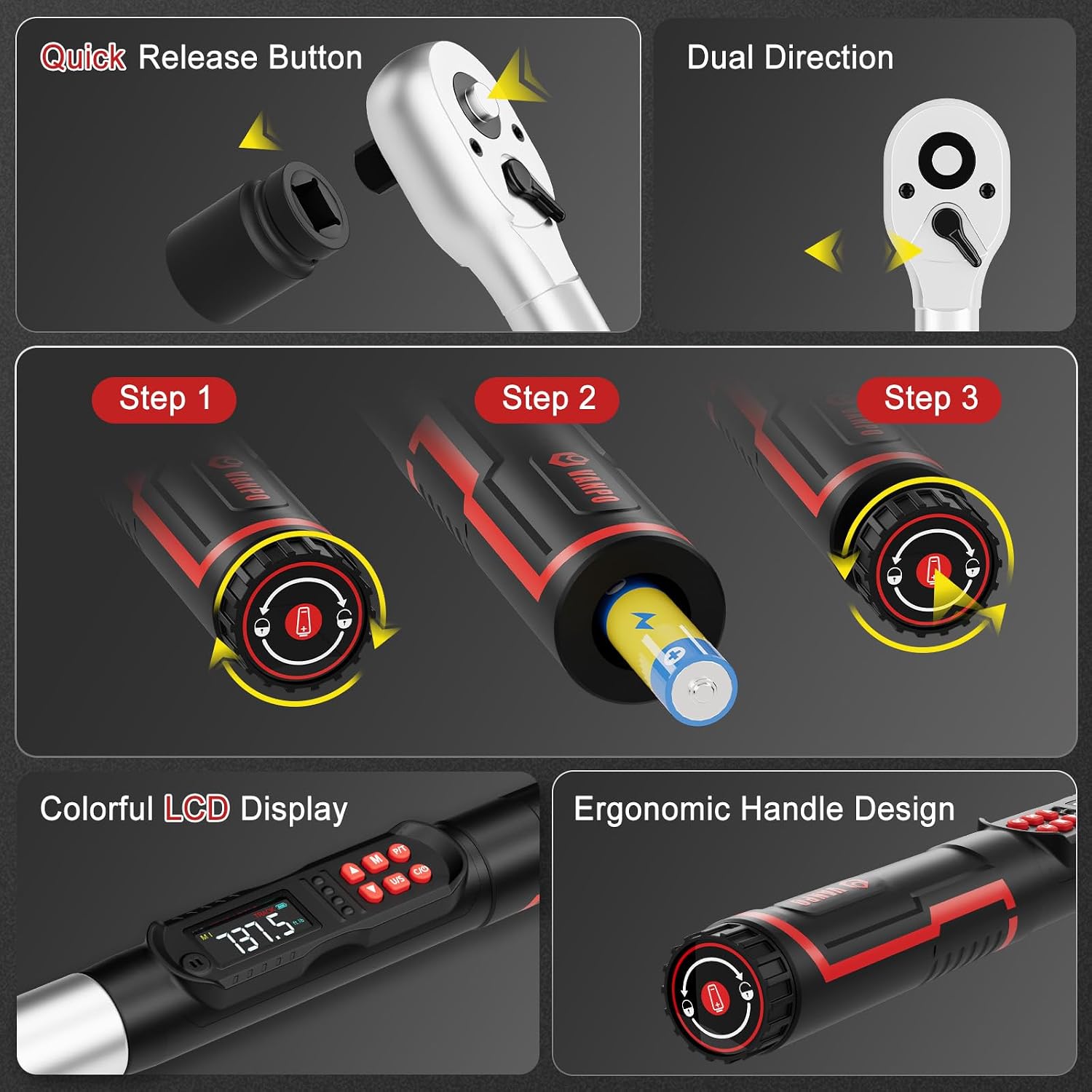 VANPO 3/4-Inch Digital Torque Wrench 37–737 ft-lb, ±2% Accuracy Heavy Duty Electronic Torque Wrench with LED, Buzzer & Vibration Alert for Wind Turbine, Mining Equipment & Industrial Bolting