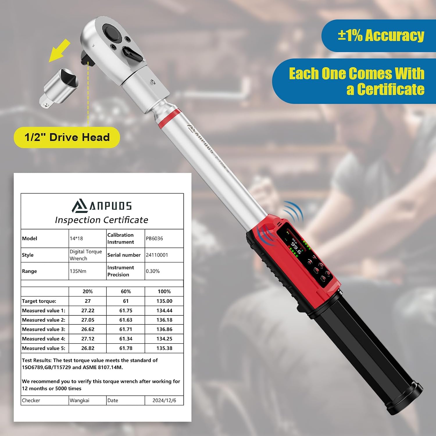ANPUDS Adjustable Digital Torque Wrench, 1.5-99.6 Ft.lb, ±1% Accuracy | 2-135Nm, 45mm Jaw & 1/2' Ratchet, 14×18mm Open End, Vibration, Buzzer, LED Indicator for HVAC, Split AC, Motorcycle, Plumbing