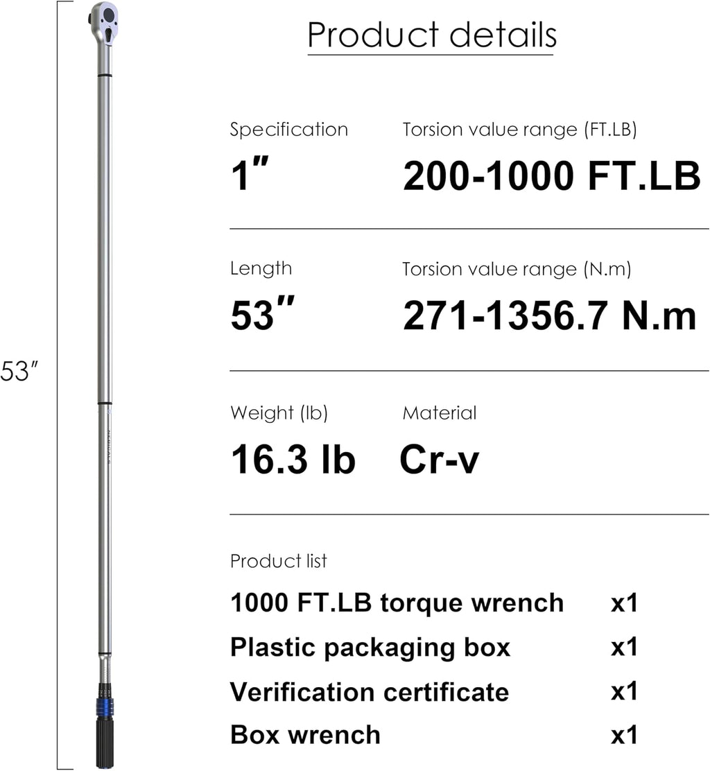 1'' 200-1000 Ft Lb Torque Wrench Heavy Duty, Dual Direction, High hardness, Long lifetime, Stored In a Solid Case