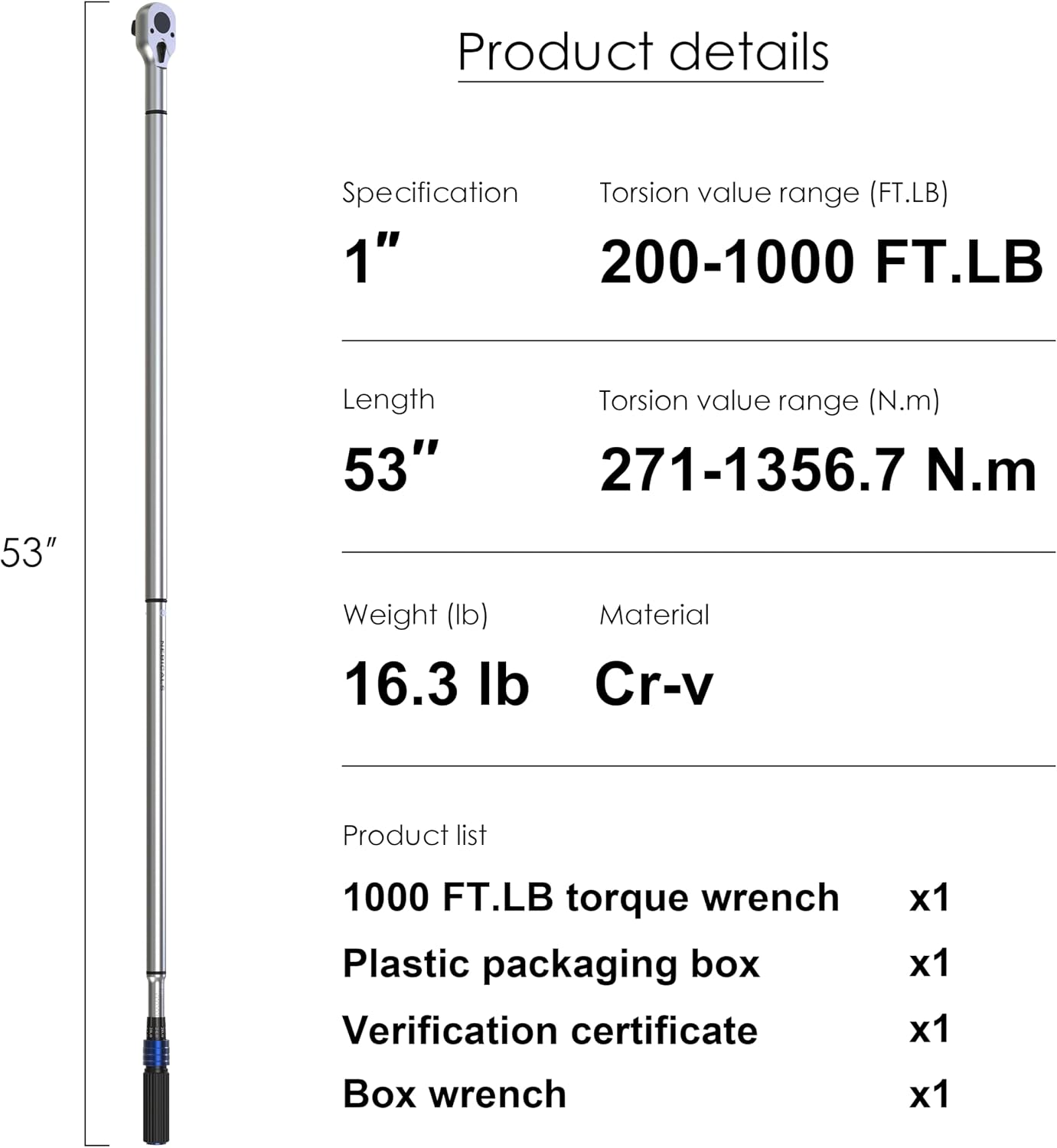 1'' 200-1000 Ft Lb Torque Wrench Heavy Duty, Dual Direction, High hardness, Long lifetime, Stored In a Solid Case