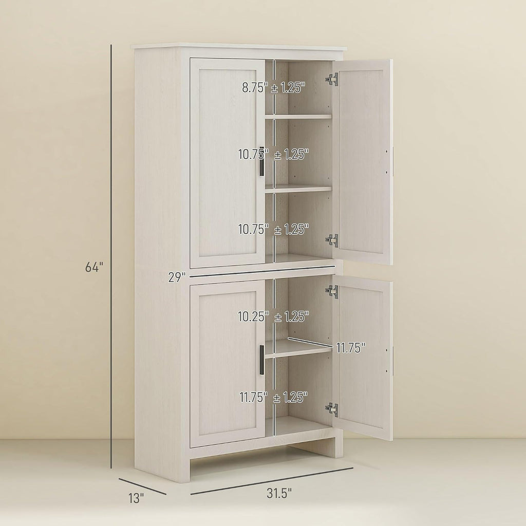 64' Adjustable Shelves Freestanding Storage Cabinet, Kitchen Storage Bakers Rack with Anti-Tipping Design, Utility Food Cupboard with 5-Tier Shelving for Home Kitchen Dining Room, Antique White