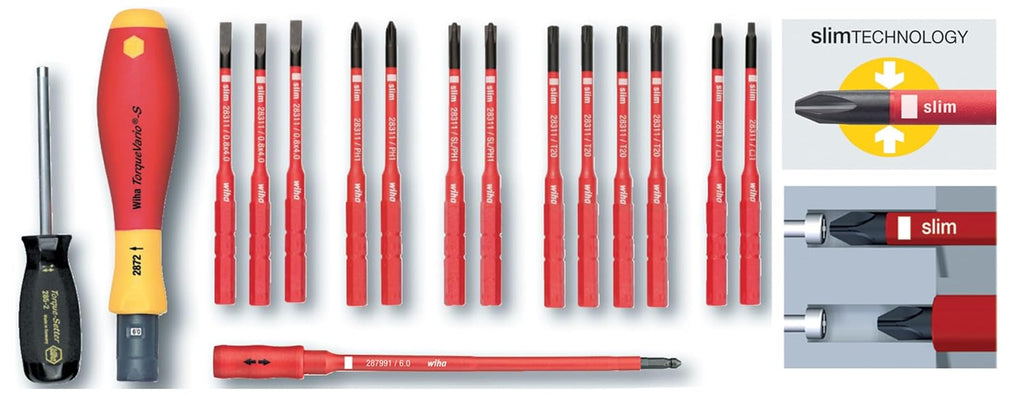 Wiha 28792 Insulated Torque Control Driver & SlimLine Blade Set, 16 Piece, 18–62 in-lb, Slotted, Phillips, Torx & Square, 1000V VDE