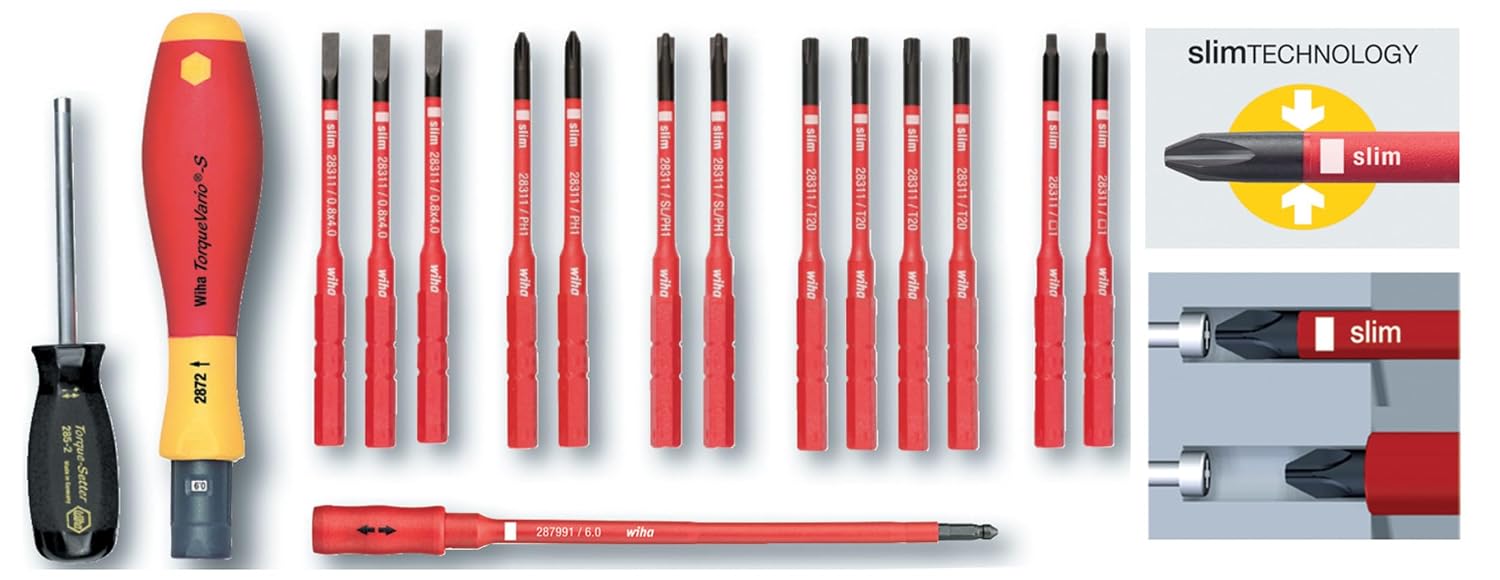 Wiha 28792 Insulated Torque Control Driver & SlimLine Blade Set, 16 Piece, 18–62 in-lb, Slotted, Phillips, Torx & Square, 1000V VDE