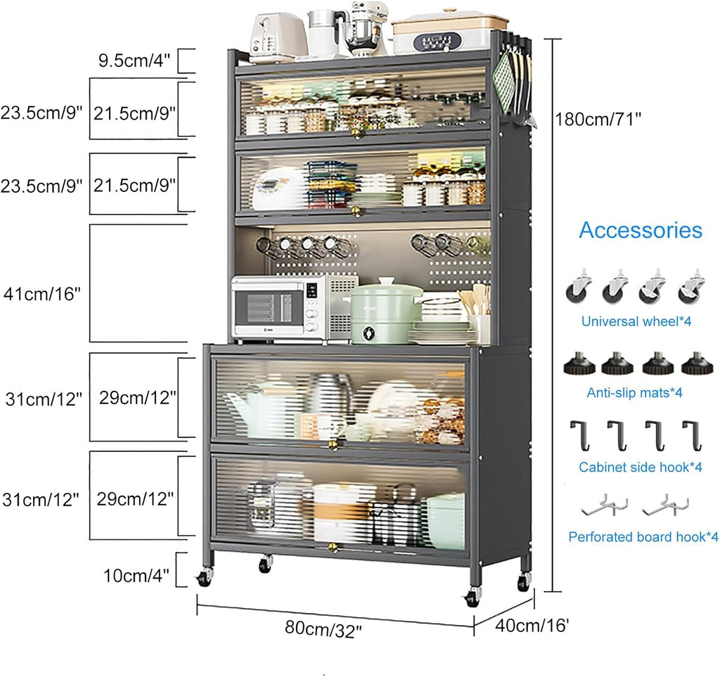 White Baker's Rack with Storage Drawer - Microwave Stand & Cabinet, Metal Shelves for Kitchen, Garage, Pantry, Spices, Flip Door & Pegboard Accessories, Space-Saving Organizer