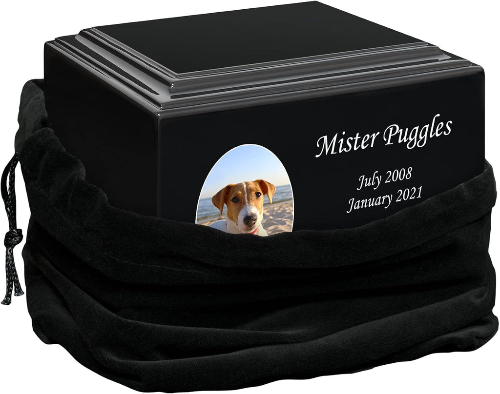 Mainely Urns Stonewood Medium Custom Pet Photo Cremation Urn for Pet Ashes - Engineered Wood Cremation Urn for Dog Ashes or Cat Ashes - 110 Cubic Inch Capacity - Customization Included (Black)