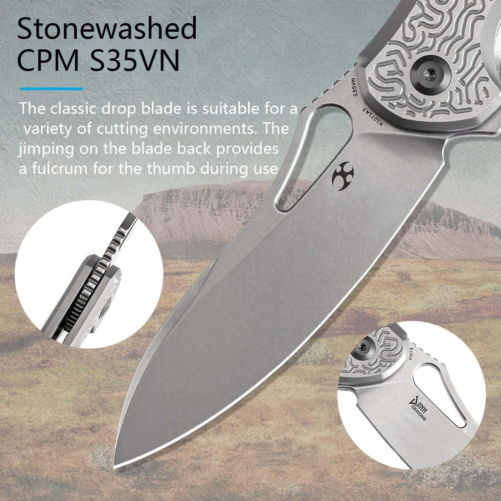 KANSEPT Echis Pocket Folding Knives for Men Women Camping Hiking Folding Knife 3.45'' Stonewashed CPM S35VN Blade Pocket Knife with Textured beadblasted Titanium Handle Everyday Carry K1071A3