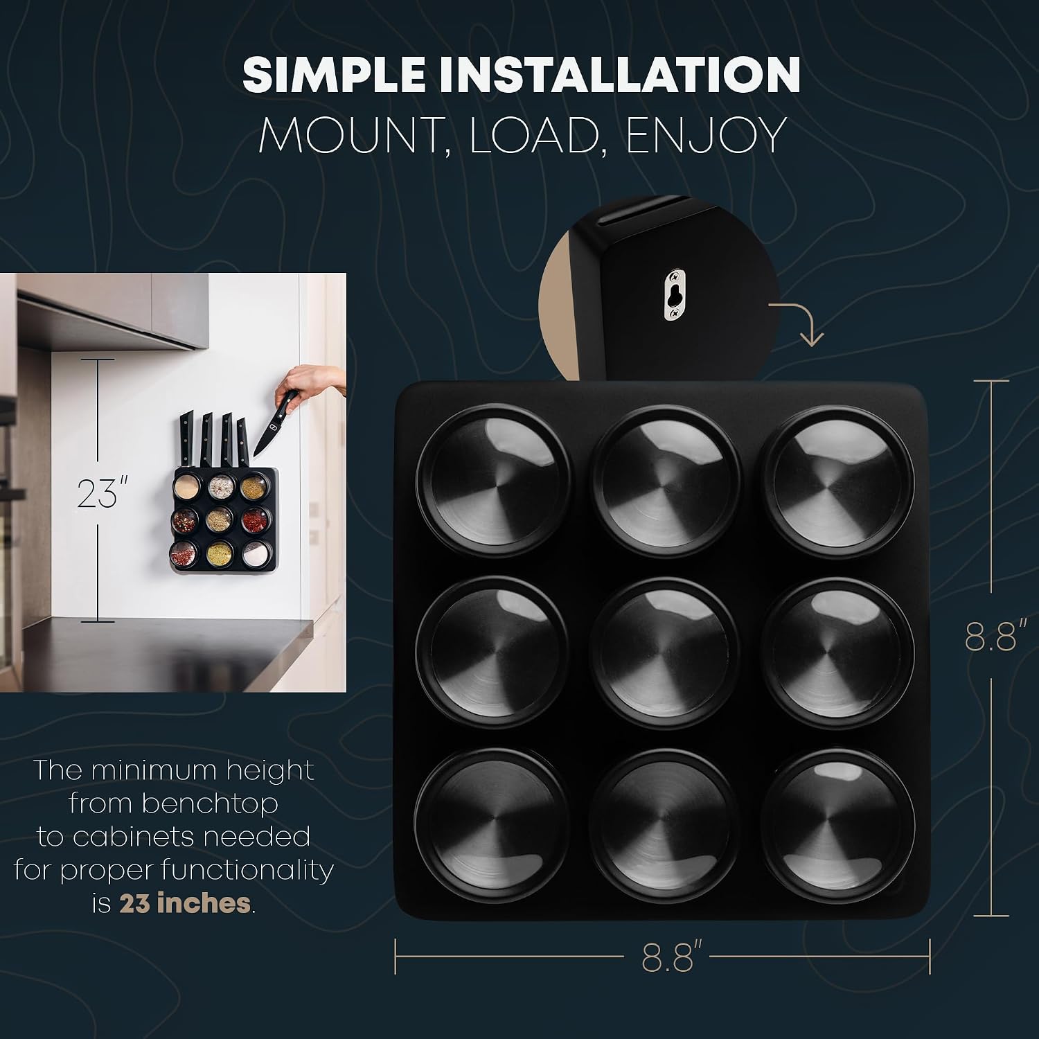 3-in-1 Magnetic Knife Block & Spice Rack Bundle - Ultra Sharp 60 HRC Chef Knife Set, Black Titanium Blades, 9 Spice Tins, Wall Mount Holder - All-in-One Kitchen Organizer + Mini Knife