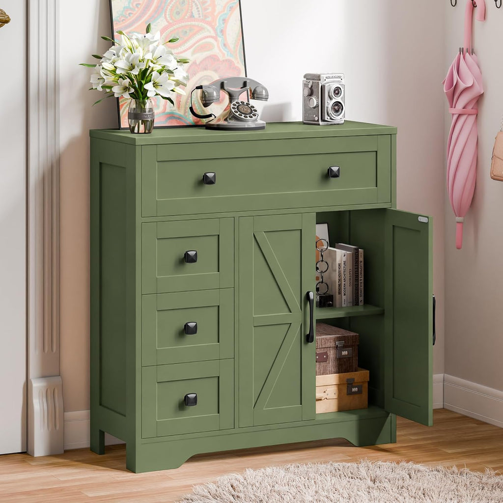 Vabches Farmhouse Storage Cabinet with 2 Doors and 4 Drawers, Freestanding Bathroom Storage Cabinet Kitchen Pantry, Floor Hutch Cupboard for Bathroom/Living Room/Kitchen.Green