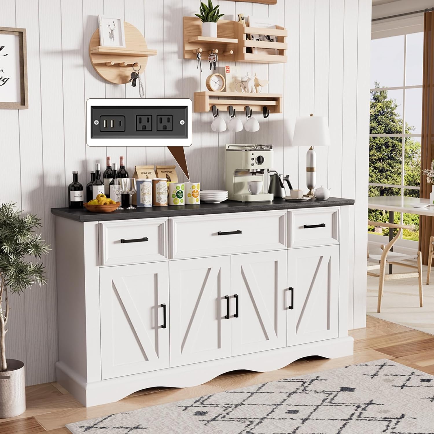 56' Buffet Cabinet Sideboard with Storage: Built-in Charging Station, Farmhouse Wood Coffee Wine Bar, Furniture with Drawers and Doors for Kitchen, Dining Room, Living Room, White