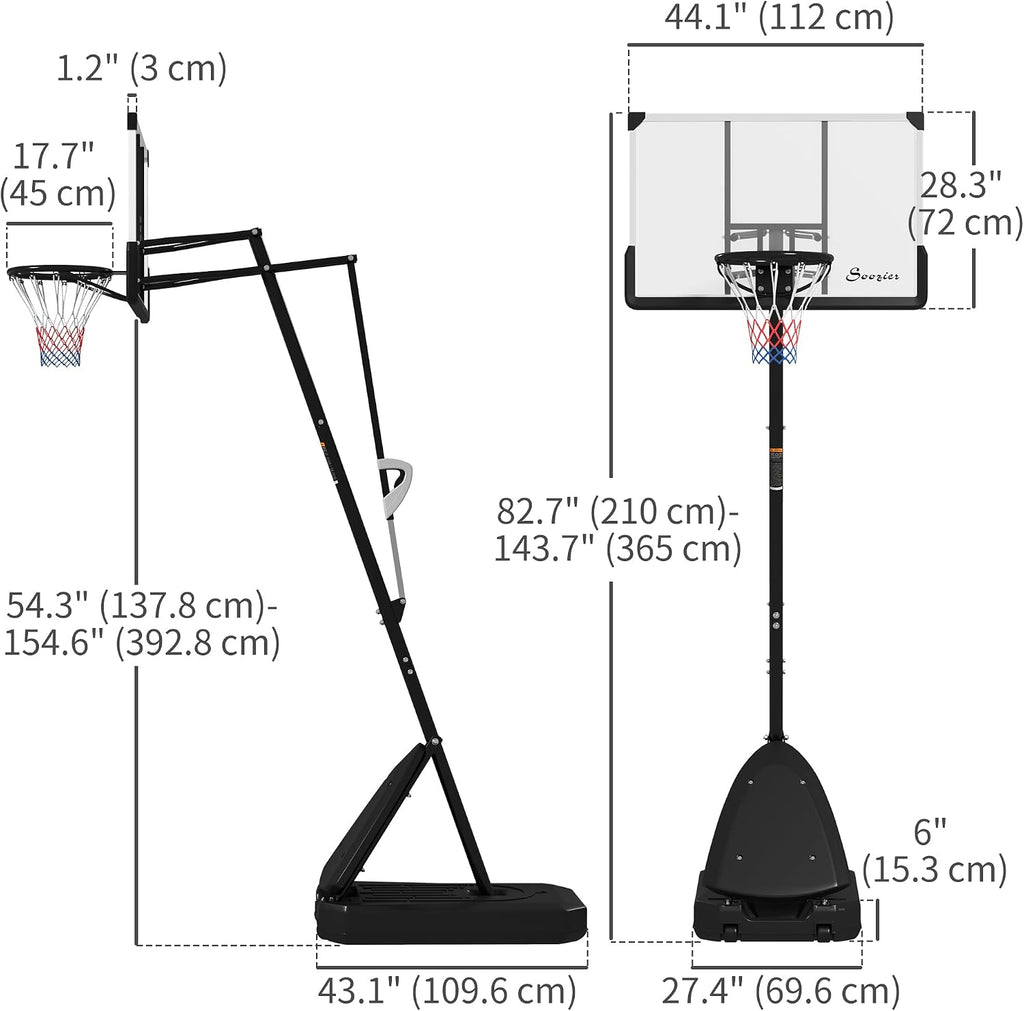 Soozier Portable Basketball Hoop Outdoor, 4.9-10ft Height Adjustable Basketball Goal with 44 Inch Shatterproof Backboard, Rebound System, 2 Wheels and Fillable Base for Teenagers, Youth, Adults