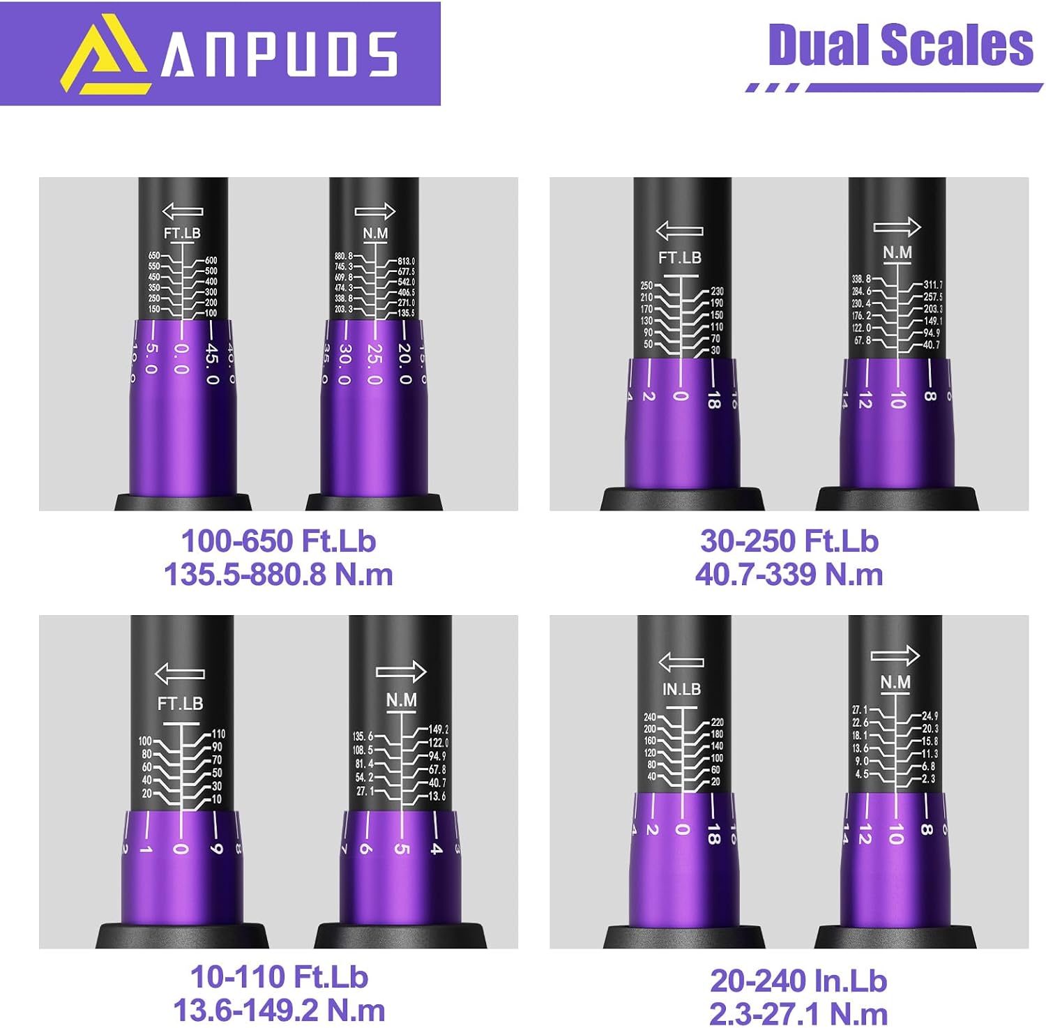 ANPUDS 4PCS Torque Wrench, 1/4 3/8 1/2 3/4-Inch Drive Click Torque Wrench Set,20-240in.lb,10-110Ft.lb, 30-250Ft.lb, 100-650 Ft.lb, ±3% Precision with Dual Range Scales for Bike, Motorcycle, Car, Truck