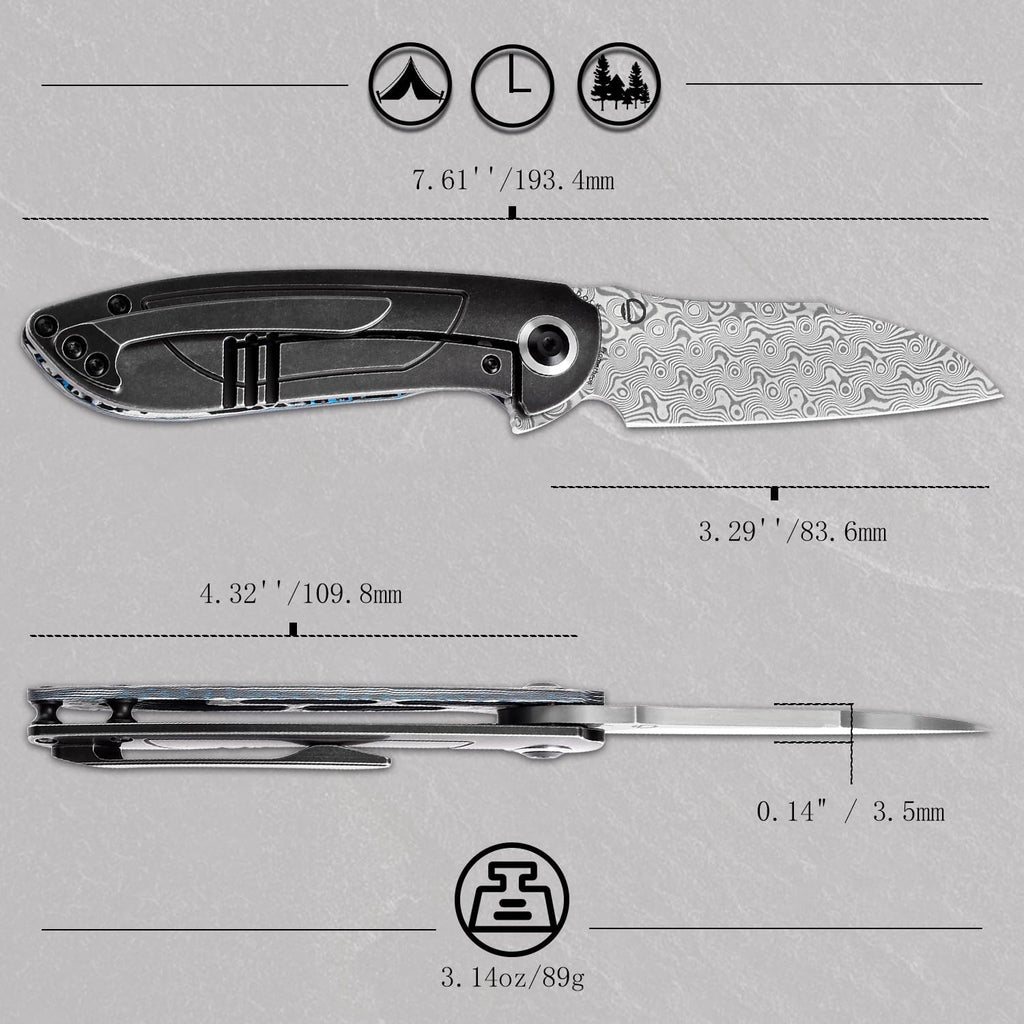 KANSEPT Prometheus Pocket Folding Knives for Men EDC Camping Folding Knife 3.29'' Damascus Material Pocket Folding Knife Liner Lock with Blue Whire Nebula Carbon Fiber Handle Everyday Carry K1040A3