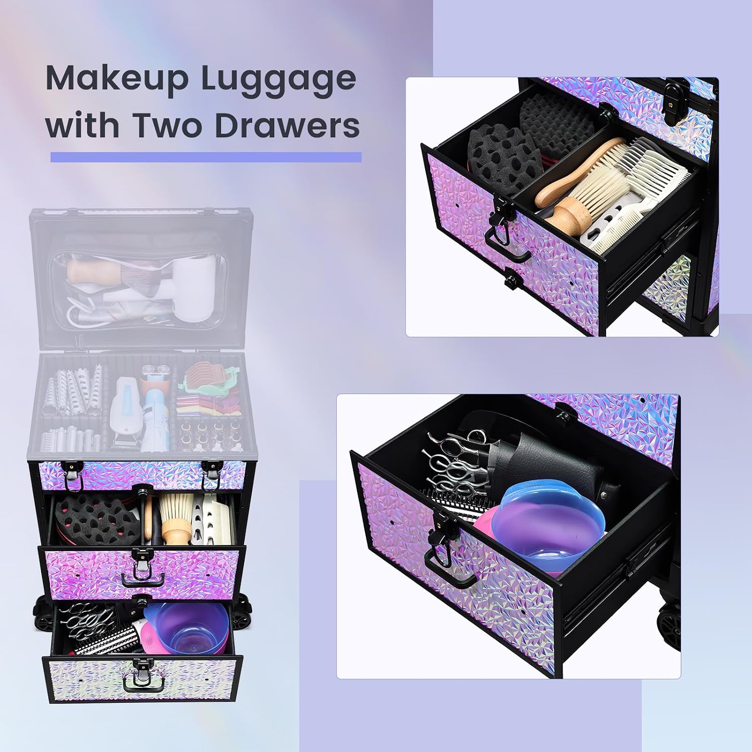 Professional Rolling Makeup Train Case with Drawers, Large Cosmetic Trolley with Locks, Cosmetics Storage Organizer Make up Case for Travel Makeup/Nail Art/Hair Styling, Shiny Pink