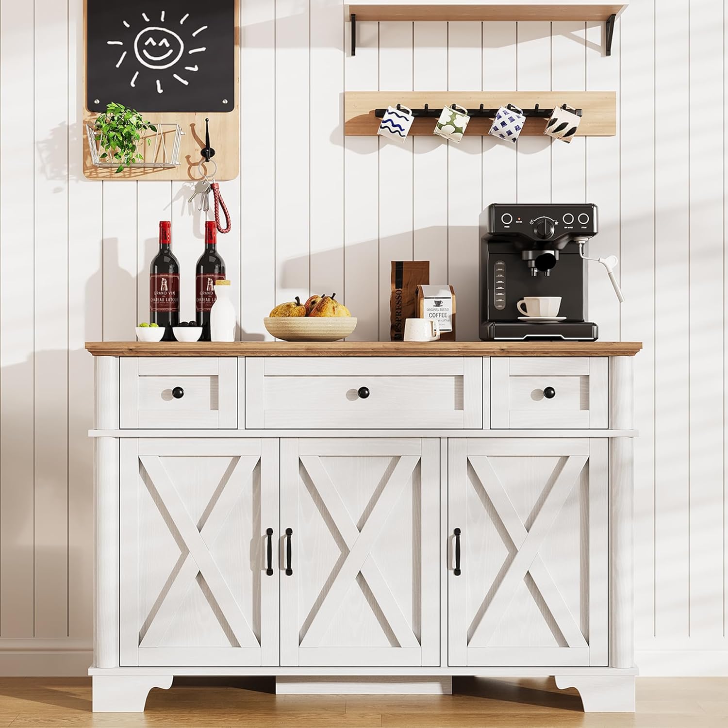 BestHaped Farmhouse Buffet Cabinet with Storage, White Sideboard Buffet Cabinet with Adjustable Shelves & 3 Drawers, Buffet Table Coffee Bar Wine Bar Storage for Kitchen & Living Room, 47inch