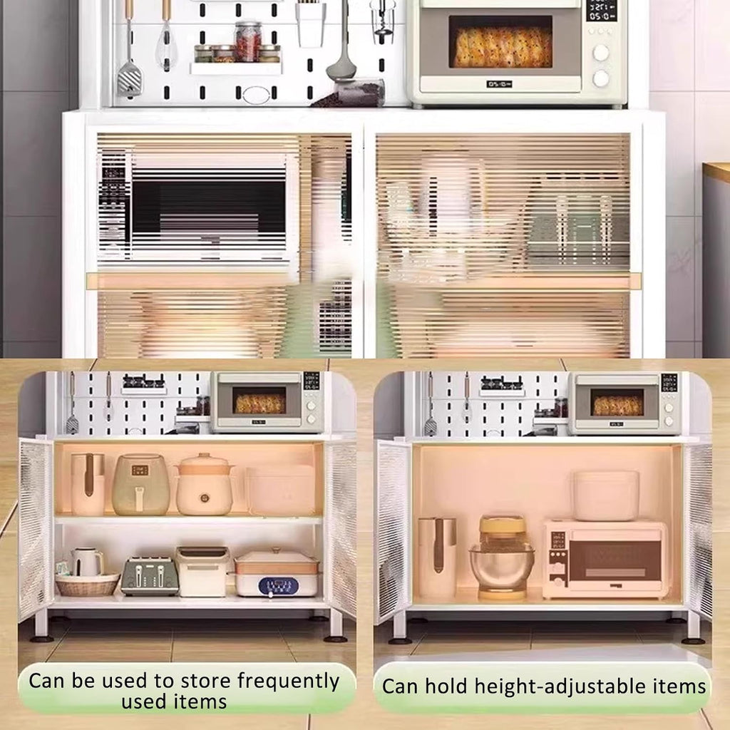 JKGHK Rolling Kitchen Bakers Rack on Wheels, Storage Sideboard Cabinet for Kitchens with Clear Doors and Adjustable Shelves, Microwave Oven Shelf Cabinet for Home, Office(White,62x24in)