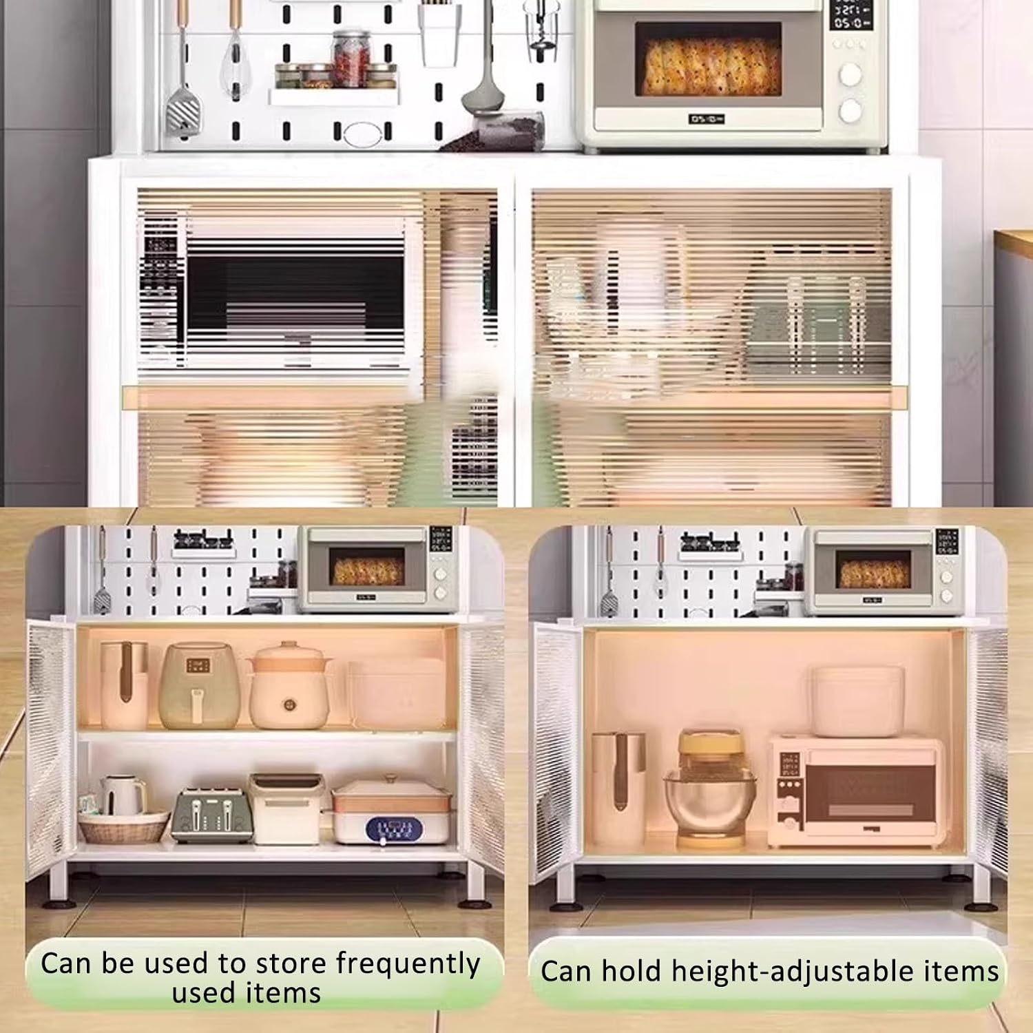 JKGHK Rolling Kitchen Bakers Rack on Wheels, Storage Sideboard Cabinet for Kitchens with Clear Doors and Adjustable Shelves, Microwave Oven Shelf Cabinet for Home, Office(White,62x24in)