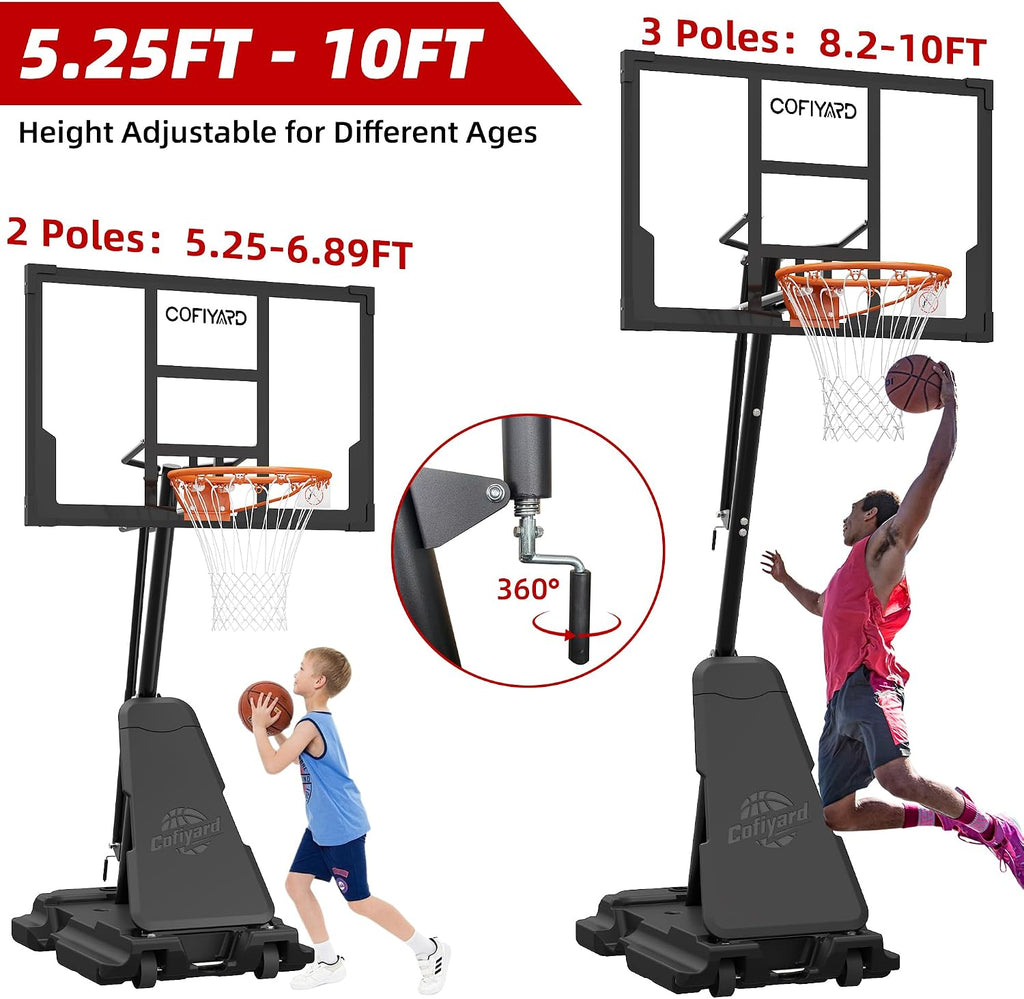 Cofiyard Basketball Hoop Outdoor with 44&48&54In Shatterproof Backboard, 5.25-10FT Height Portable Basketball Hoop with Sandbag, Adjustable Basketball Goal System