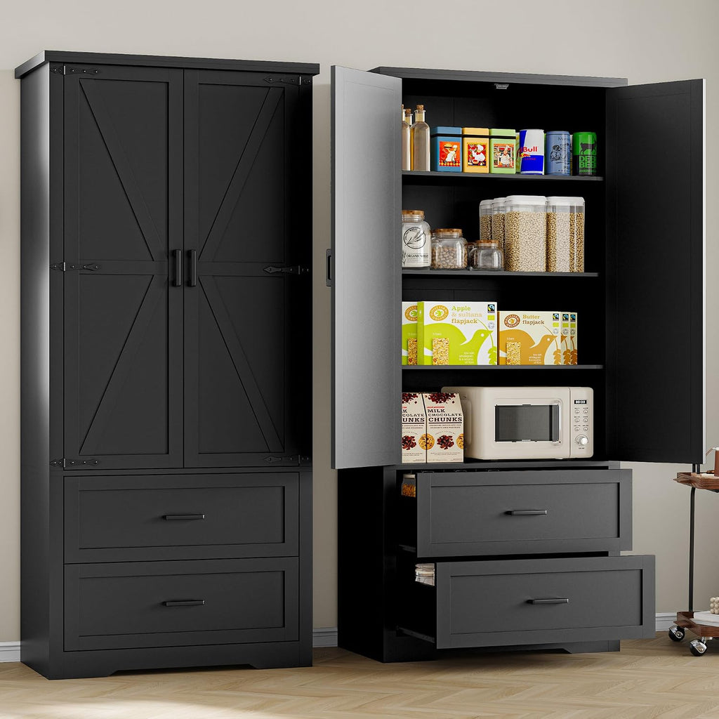 BORNOON Pantry Organizers and Storage Cabinet, 71' Barn Door White Kitchen Cabinet with Drawers and Adjustable Shelf, Tall Pantry for Kitchen, Dining Room, Living Room. Bathroom and Office