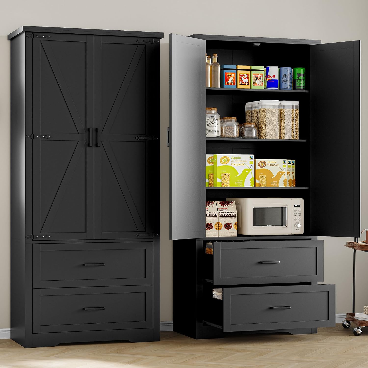 BORNOON Pantry Organizers and Storage Cabinet, 71' Barn Door White Kitchen Cabinet with Drawers and Adjustable Shelf, Tall Pantry for Kitchen, Dining Room, Living Room. Bathroom and Office
