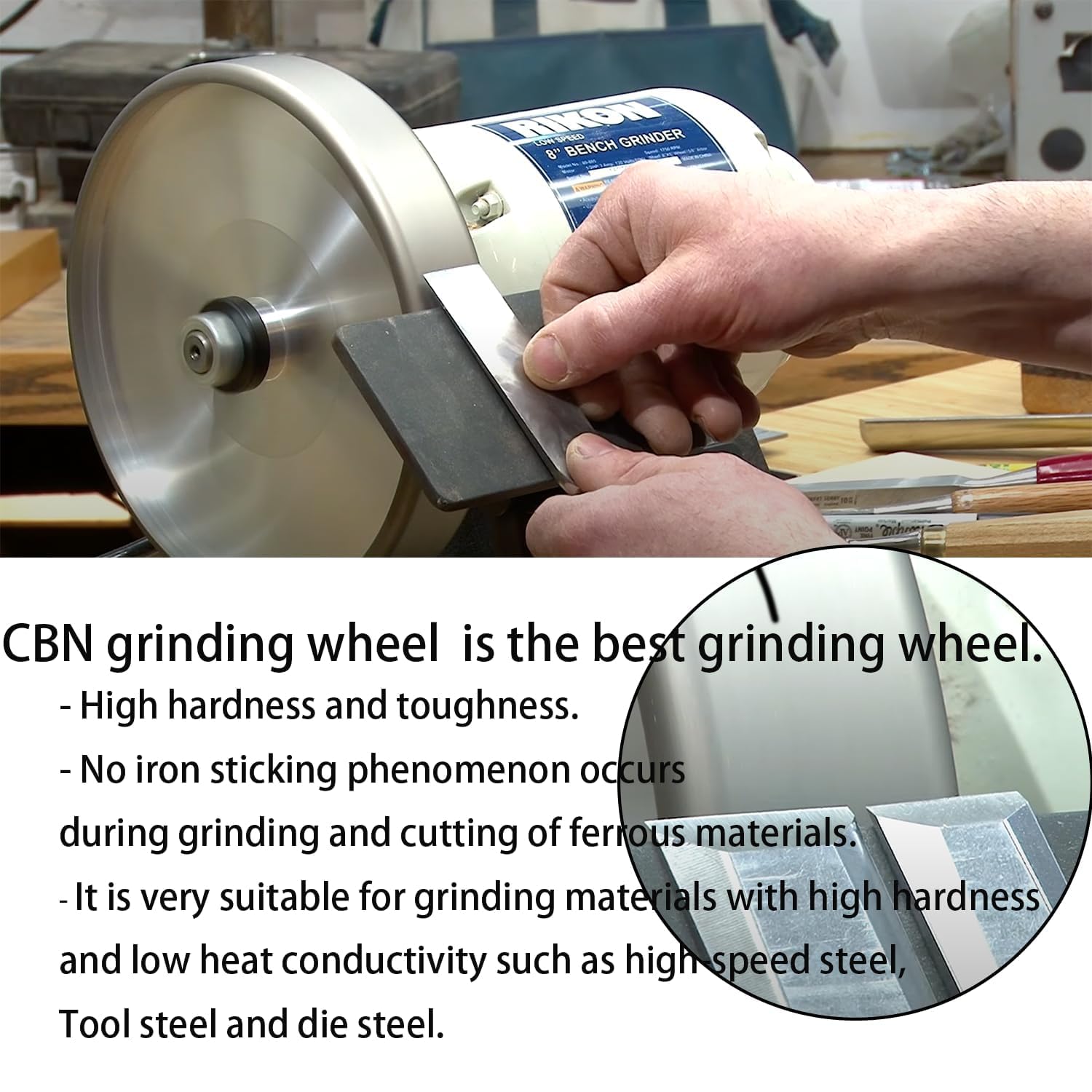 CBN Grinding Wheel 8 inch 1.25' Wide, 5/8' Bore,Aluminum Body, Suitable for High Speed Steel Tools and Bench Grinders (600 Grit)