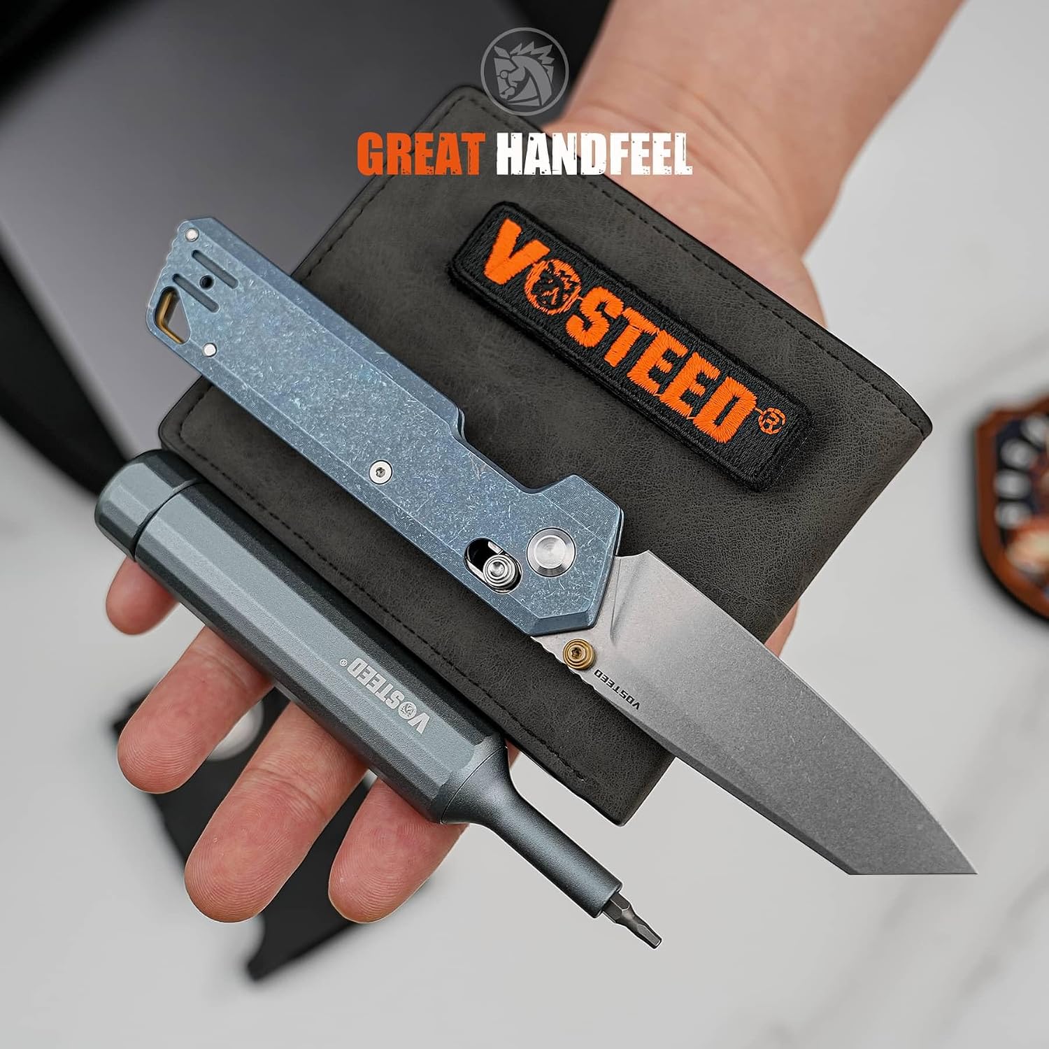 Vosteed Ultra Thin EDC Pocket Knife for Men & Women, 2.9' S35VN Blade, Golden Thumb Stud, Crossbar Lock Titanium Handle Folding Knives | Reversible Clip - Parallel A3504