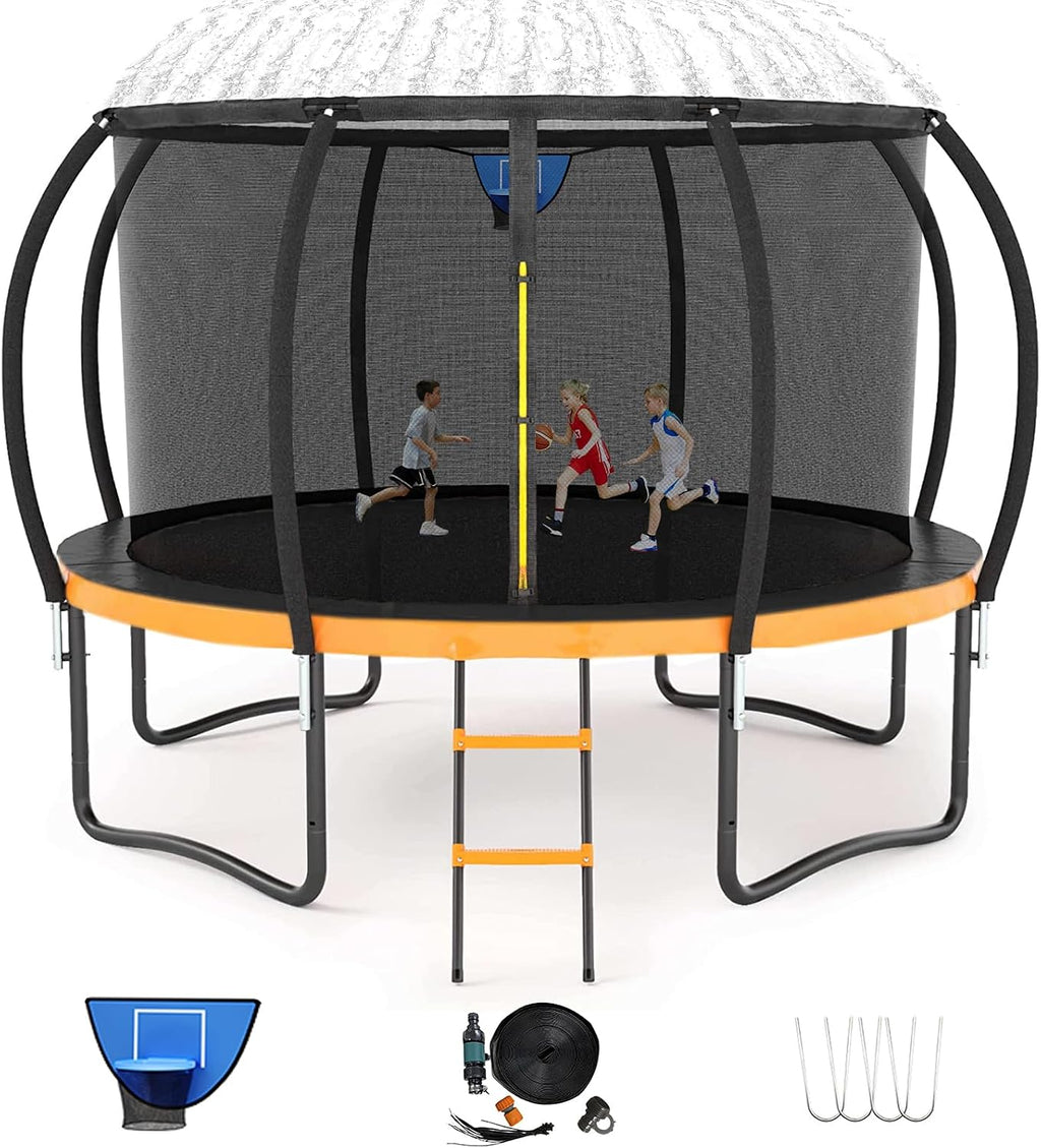 12FT 14FT Trampoline for Adults/Kids - Outdoor Trampoline with Basketball Hoop, Curved Poles, Enclosure Net and Ladder, Heavy Duty Recreational Trampoline, ASTM Approval