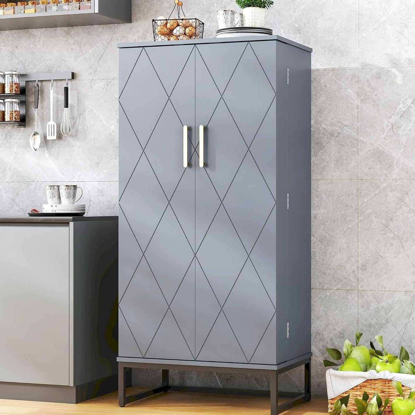kepptory Grey Pantry Cabinet with Golden Metal Base, 51' Freestanding Kitchen Storage Cabinet, Adjustable Shelves Food Pantry Organization for Kitchen, Living Room, Hallway, Tall Pantry Cabinet