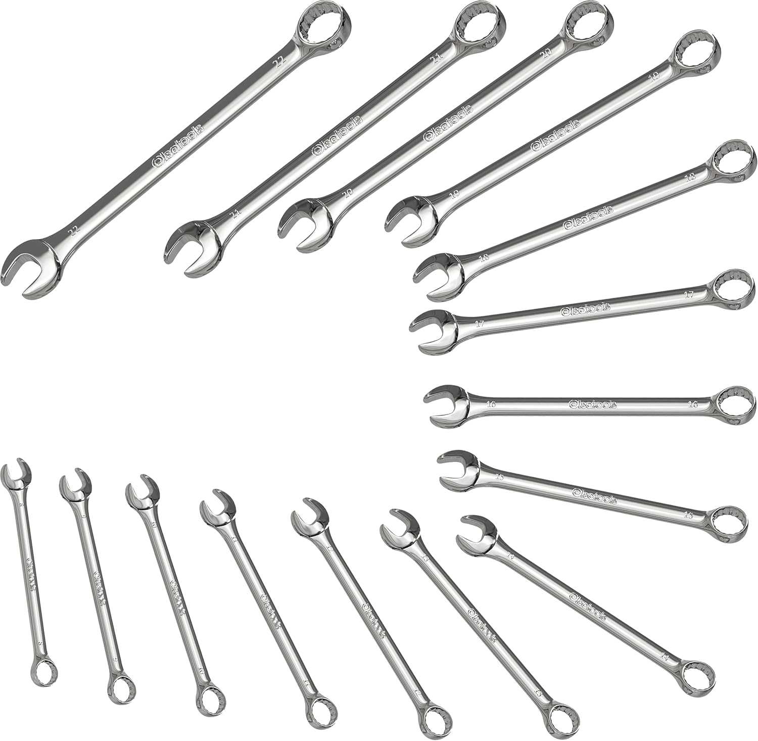 Olsa Tools 15 Pcs Metric Combination Wrench Set, Sizes 8-22mm, Unbreakable, Chrome Vanadium Steel, Polycarbonate