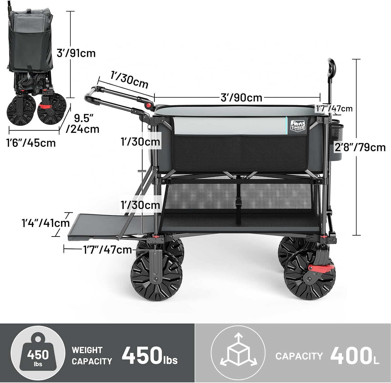 TIMBER RIDGE Push & Pull Double Decker Wagon, 400L Large Capacity Heavy Duty & 450lb Load, Collapsible Cart with All-Terrain Wheels & Brakes, 54' Extended Foldable for Sports, Beach, Camping, Grey