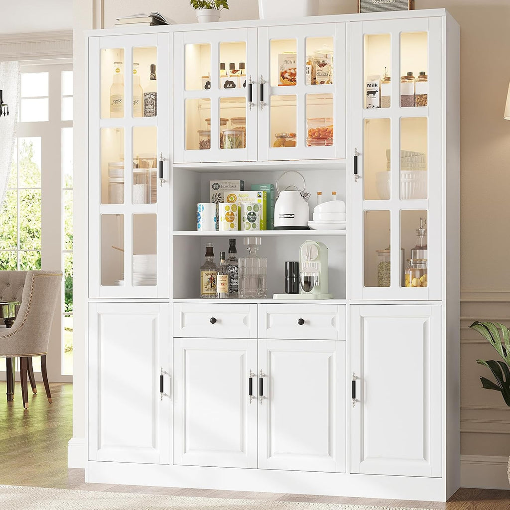 MEISSALIVVE Kitchen Pantry Storage Cabinet with LED Lights, 78.7' Tall with Glass Doors & Drawers, Freestanding Utility Cabinet, White (63' W x 15.7' D)