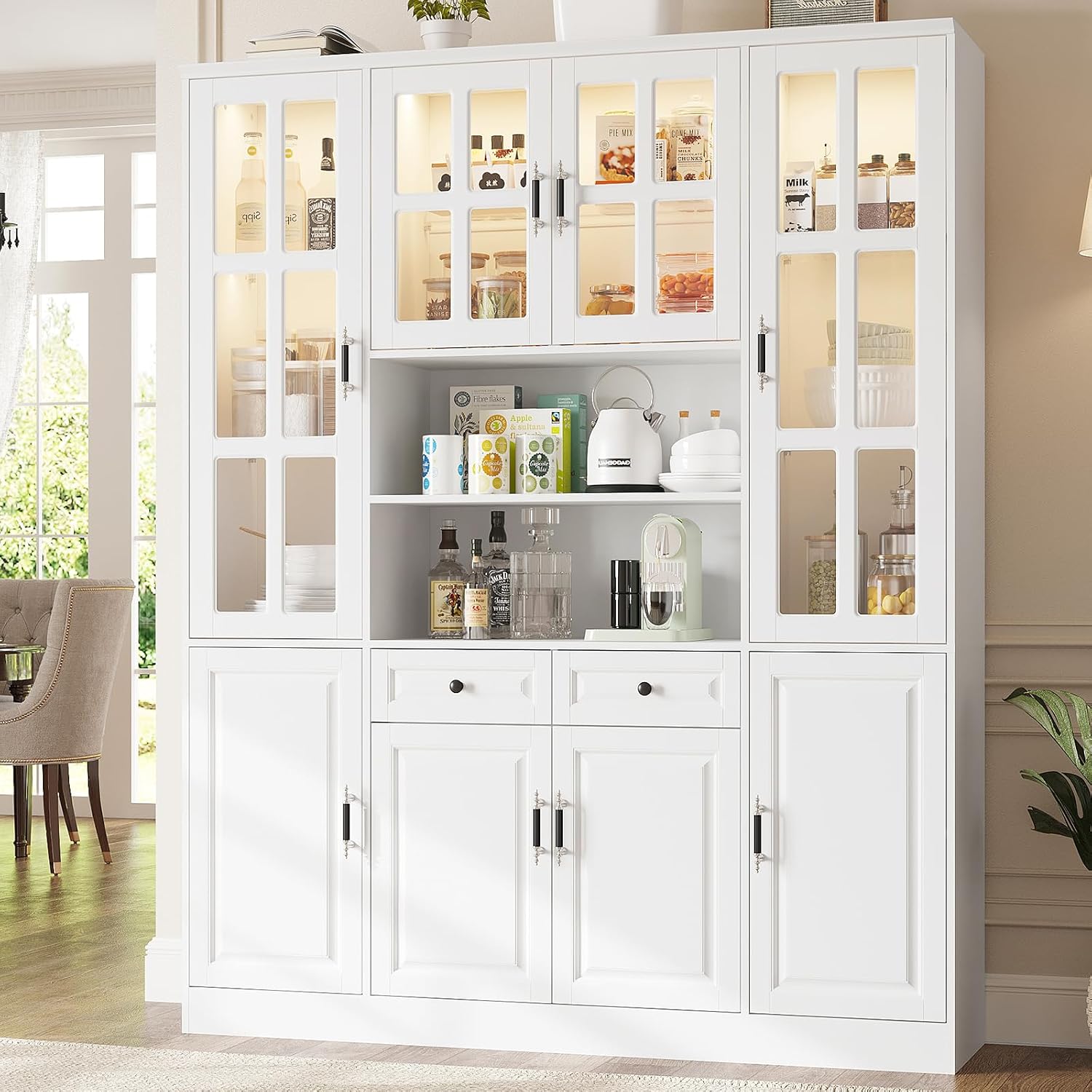 MEISSALIVVE Kitchen Pantry Storage Cabinet with LED Lights, 78.7' Tall with Glass Doors & Drawers, Freestanding Utility Cabinet, White (63' W x 15.7' D)