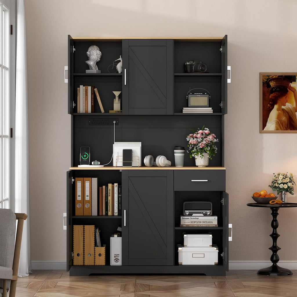 Gyfimoie 71'' Tall Kitchen Pantry Cabinet w/Power Outlet, Farmhouse Kitchen Storage Cabinet Freestanding Hutch w/Drawer, 4 Adjustable Shelf & 6 Doors for Dining (Black, 71''H x 40.24''W x15.28''D)