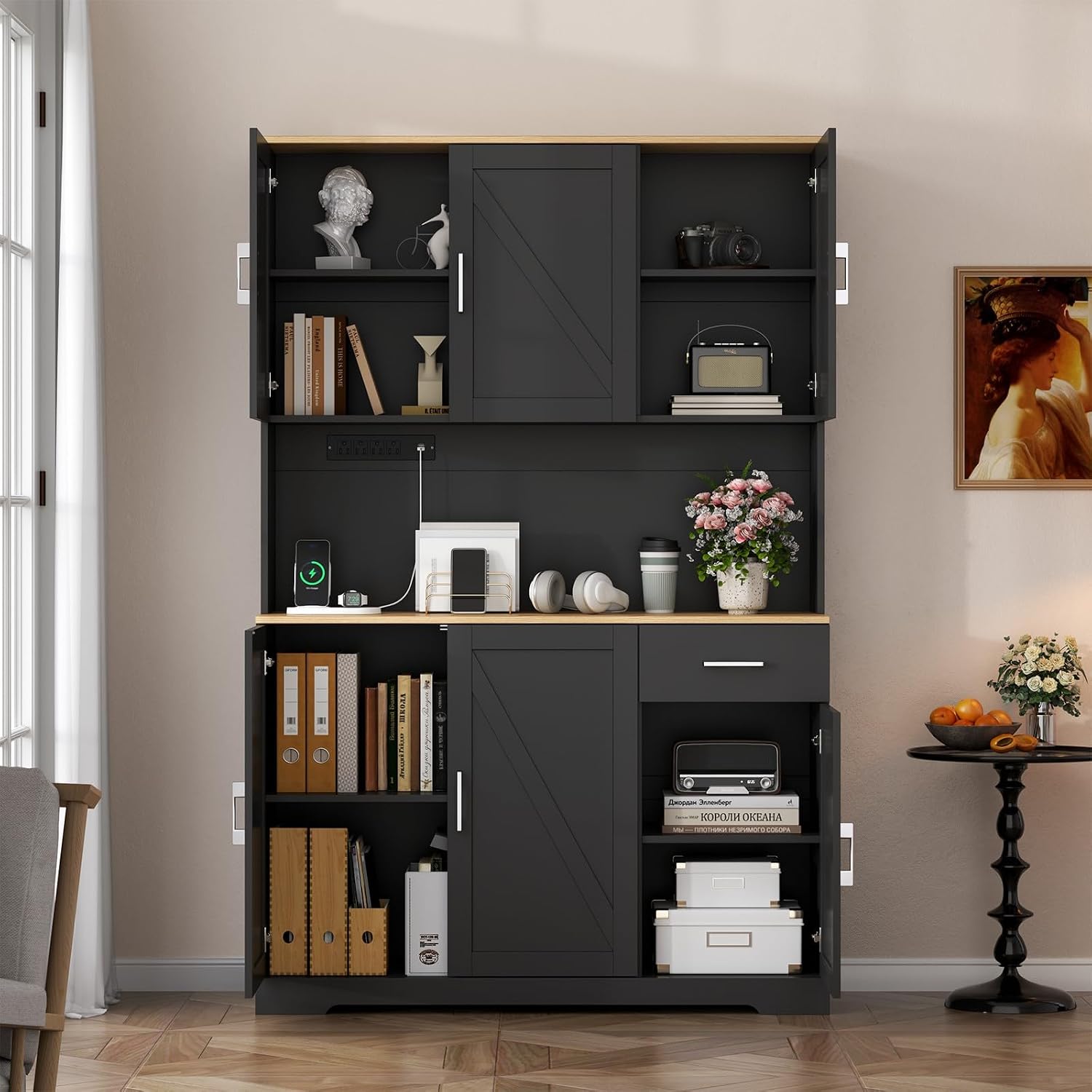 Gyfimoie 71'' Tall Kitchen Pantry Cabinet w/Power Outlet, Farmhouse Kitchen Storage Cabinet Freestanding Hutch w/Drawer, 4 Adjustable Shelf & 6 Doors for Dining (Black, 71''H x 40.24''W x15.28''D)
