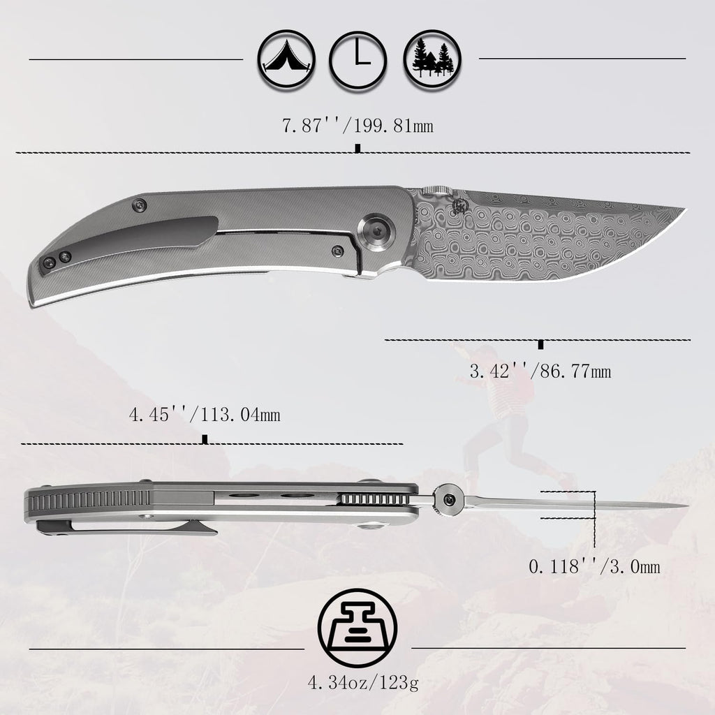 KANSEPT Tarkin Camping Pocket Knives for Men 7.87in Folding Pocket Knives with 3.42in Damascus Material and Bead Blasted Titanium with Holes Handle for Outdoor, Tactical, Survival K1078A5