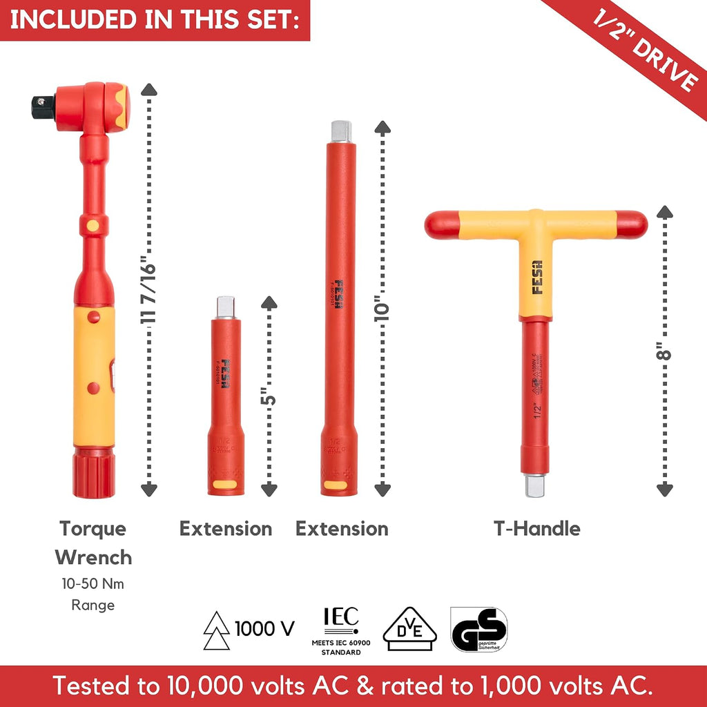 FESA Insulated Torque Socket Set - 16-Piece 1000V Insulated Tool Set w/ 1/2' Drive Insulated Torque Wrench (10-50 Nm), 7 Metric Sockets, 5 Hex Bit Sockets, 2 Extension Bars, T-Handle & Protective Case