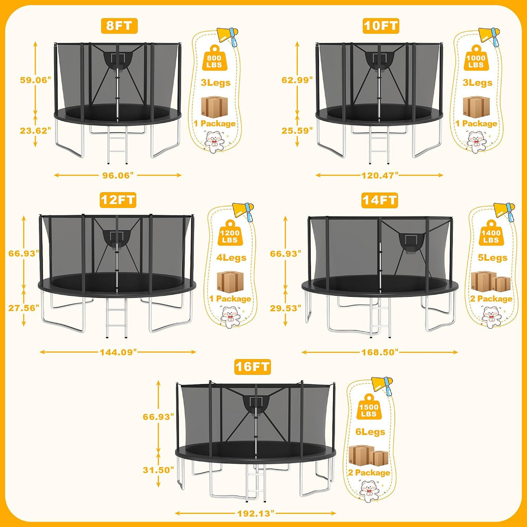 2026 Upgrade 1500LBS Outdoor Tranpoline for Kids and Adults 【Easy to Install & Built to Last】 10FT 12FT 14FT 16FT Recreational Tranpolines with Net, Basketball Hoop and Ladder, ASTM Approved