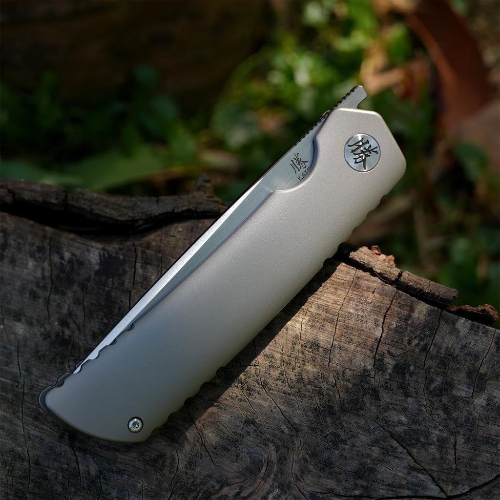 KATSU Folding Knife ZDP-189 Steel 3.5' Blade,Japanese Sandblasted Titanium Handle Pocket Knife with Clip Convex Grind Frame lock, Quick Open EDC Flip Knives for Men Leather Sheath Hiking Camping