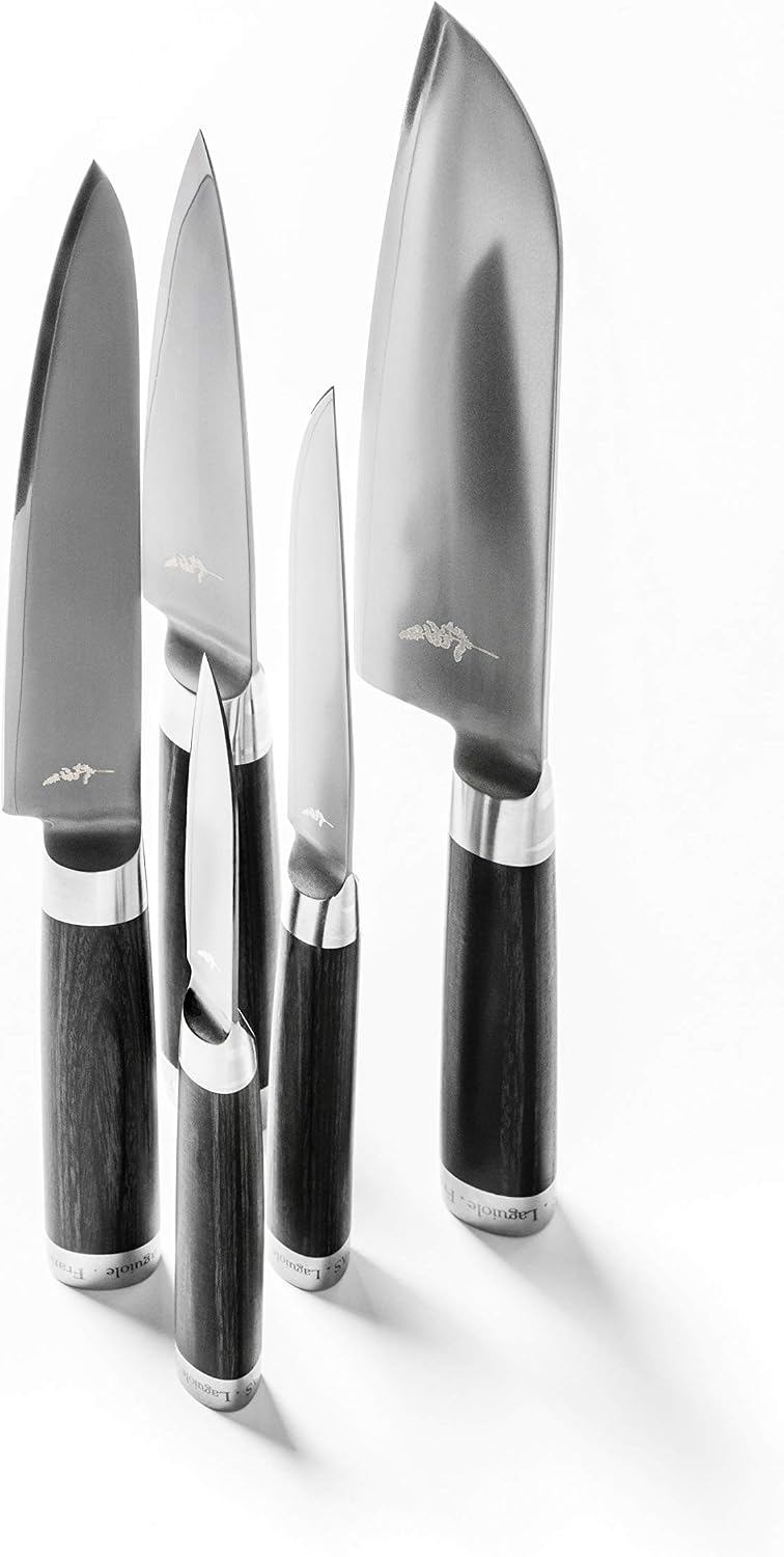 Michel BRAS 7 Piece Knife Set, Handcrafted Kitchen Knife Set, 3 Layer Stainless Steel Blades, Black Pakkawood Handles, Precision and Sharpness for Professional and Home Chefs