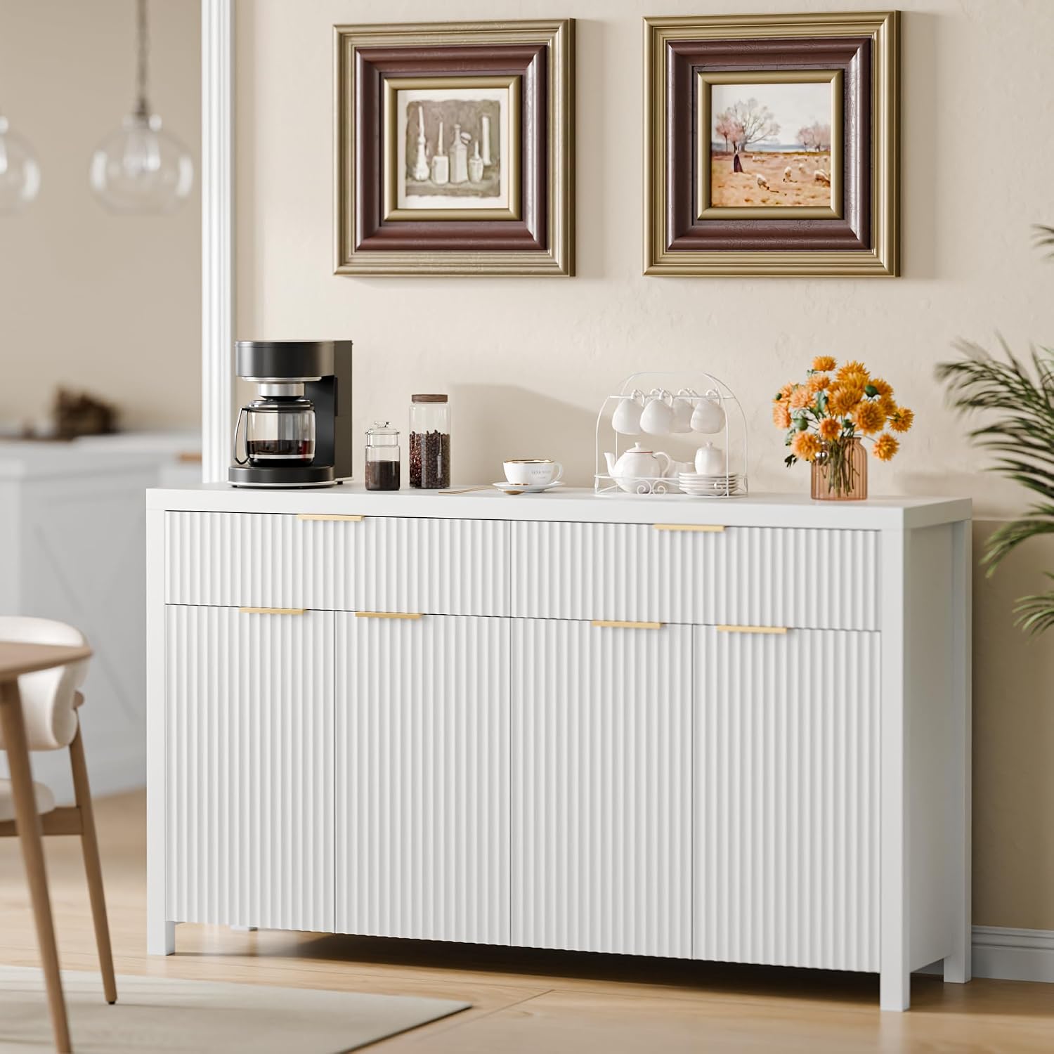 Lulive Fluted Buffet Cabinet with Storage 55 inch Wood Large Sideboard with Adjustable Shelves for Entryway Kitchen Living Room, White