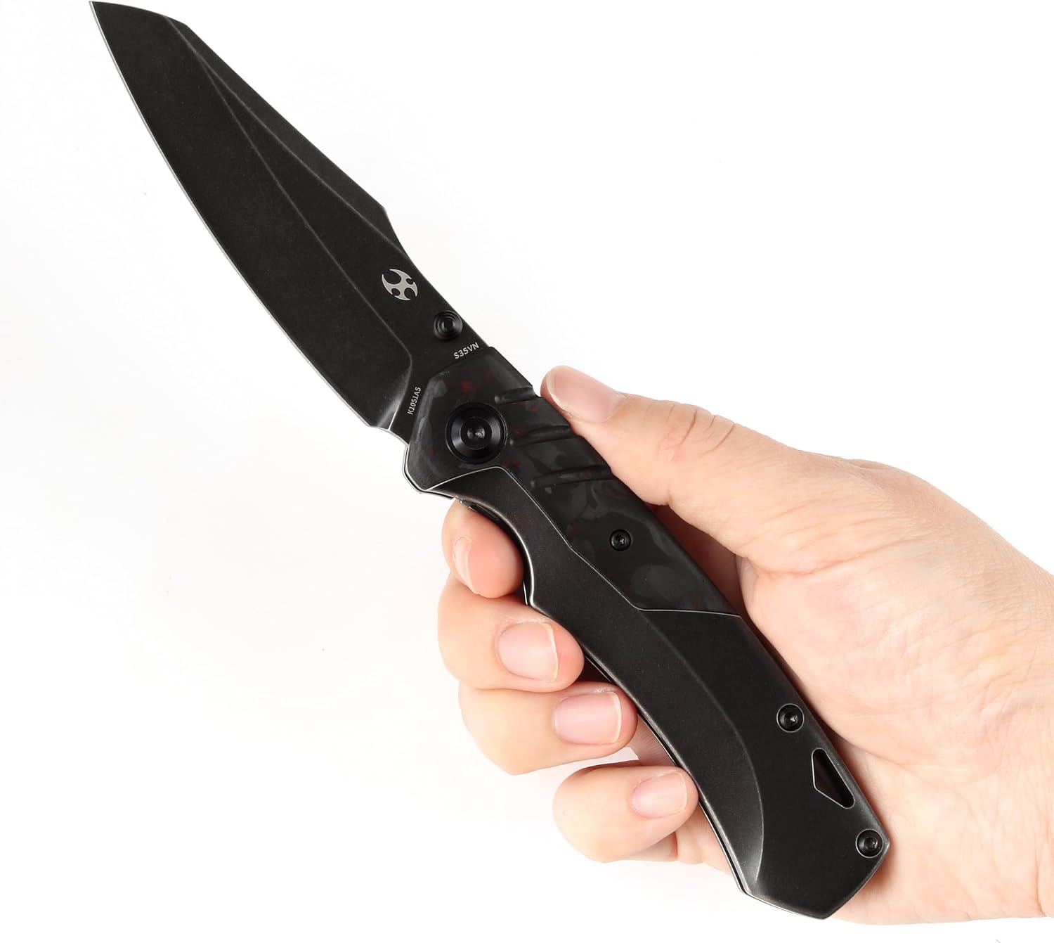 KANSEPT Weim Pocket Folding Knives for Men EDC Camping Knife 3.28'' Black Stonewashed CPM S35VN Material with Black Stonewashed Titanium + Red Carbon Fiber Handle K1051A5