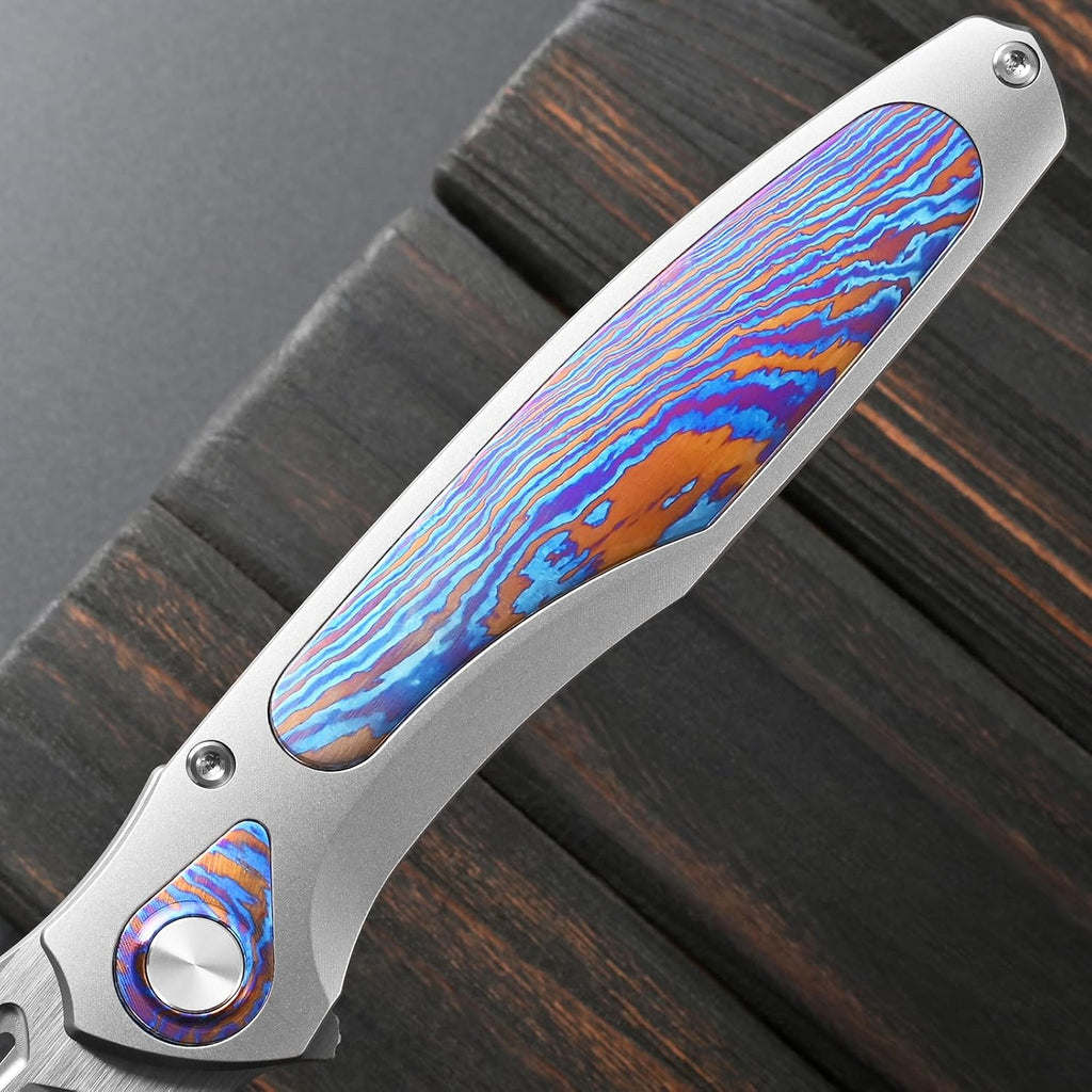 Sitivien ST997 Folding Knife,Handmade M390 Pearlescent Brushed Steel Blade,Titanium Carbon Fiber Handle EDC Knife for Outdoor Camping Hiking Survival Travel (Timascus)