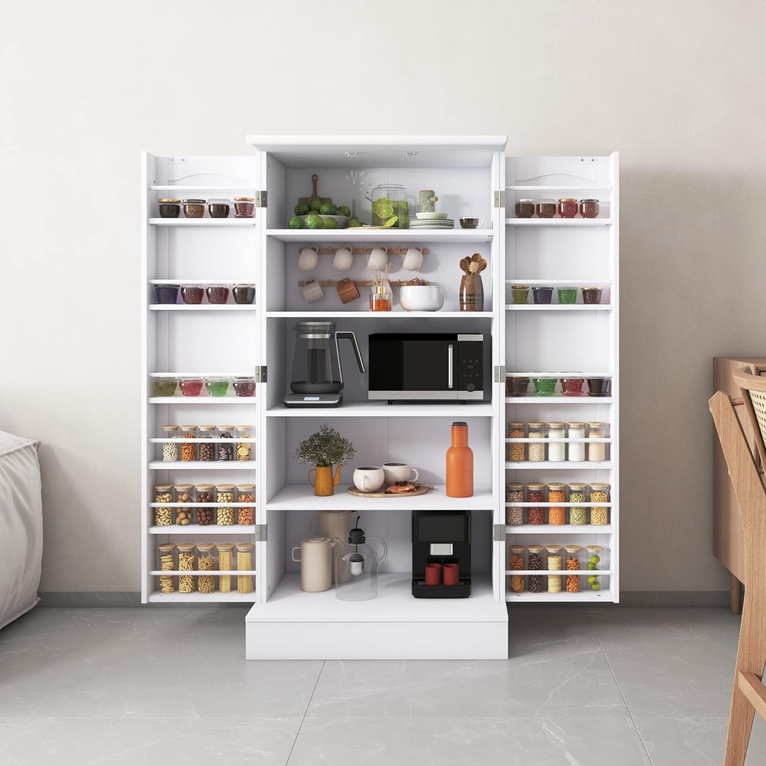 kepptory 47' Pantry Cabinet, Kitchen Pantry Storage Cabinet with Doors and Adjustable Shelves,Freestanding Buffet Cupboards Sideboard for Living Room and Dinning Room (White)