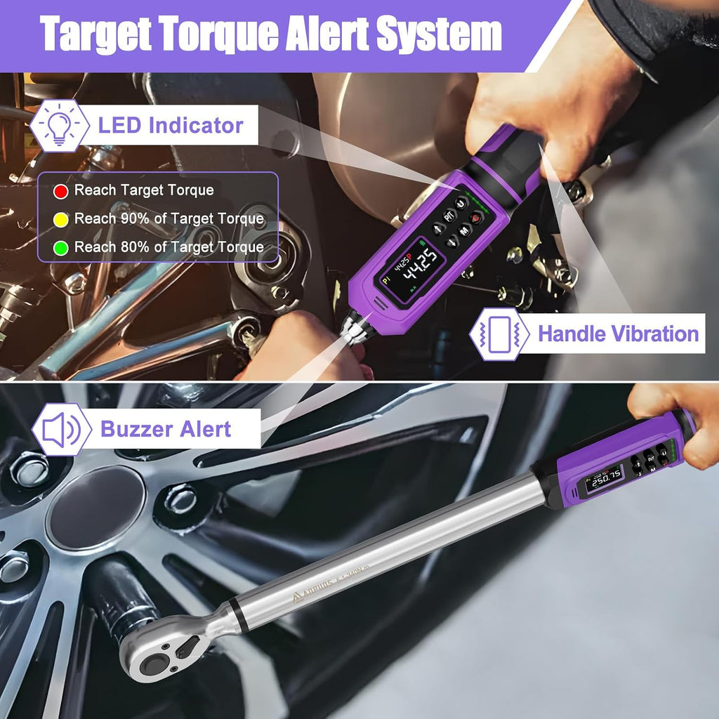 ANPUDS Digital Torque Wrench Set 3/8' & 1/2' Drive, ±1% Accuracy | 0.66-44.25 Ft-lb & 3.76-250.75 Ft-lb, Electric Torque Wrench with Vibration/Buzze/LED Flash Alert, for Car Motor Bike Repair