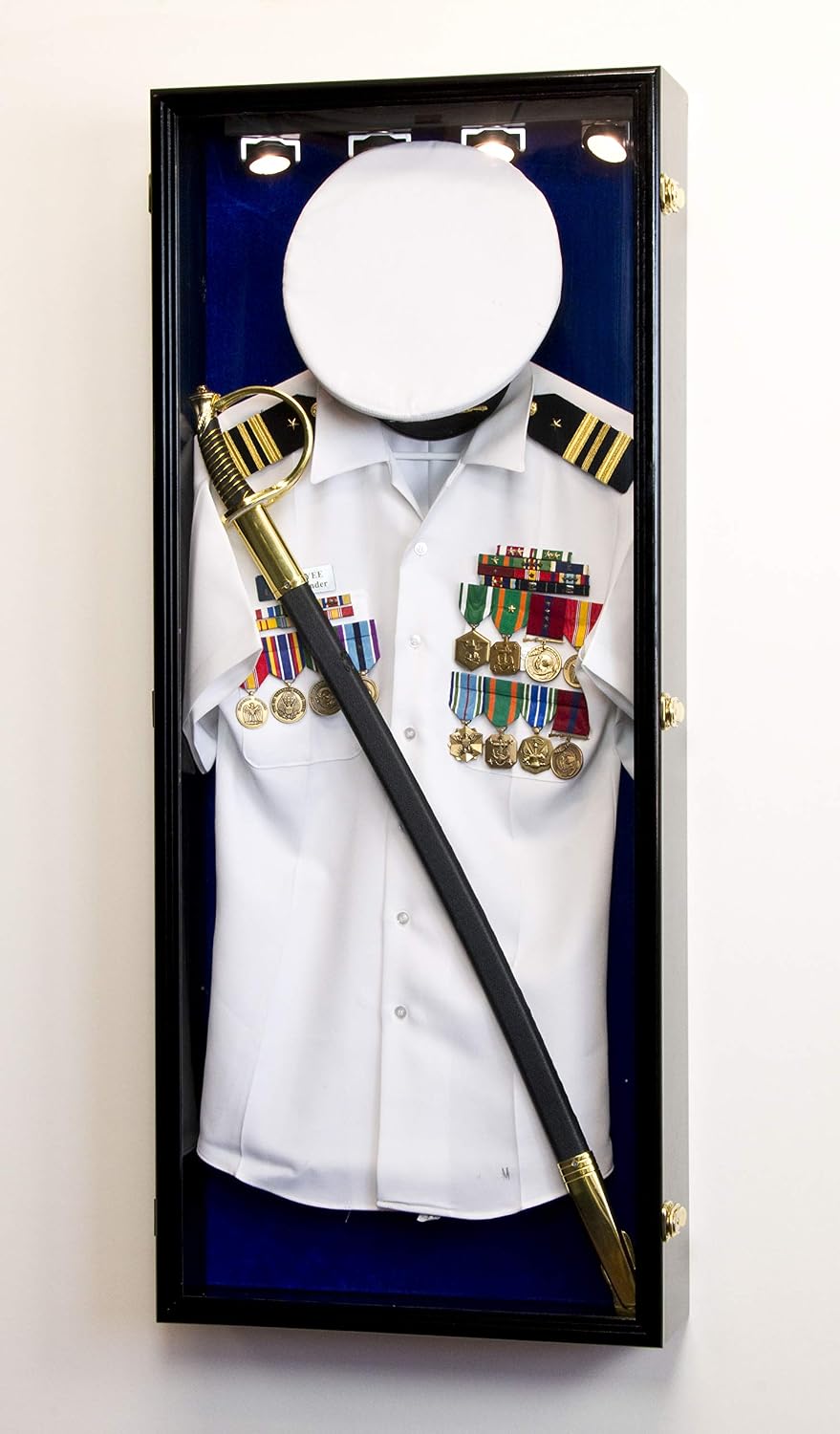 Military Shadow Box Display Case Uniform Cap Hat Sword Medals Cabinet Wall Frame - Lockable (Black Finish + LED Light, Blue Felt Background)